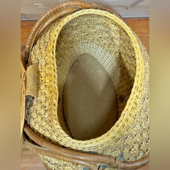 Vintage wicker & leather round rattan handwoven handbag bag tote purse creole - Picture 5 of 10